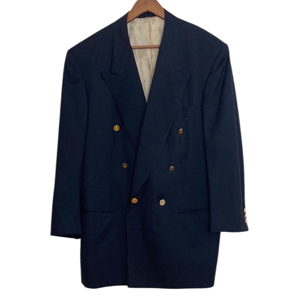 Vintage Sport Coat Mens 44S Navy Blue Wool Double Breast Peak Collar Gold Button - Picture 2 of 16